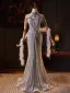 Luxe Sexy Argenté Perlage Faux Diamant Paillettes Robe De Soirée 2025 Trompette / Sirène Col Haut Sans Manches Dos Nu Train De Balayage Soirée Robe De Ceremonie