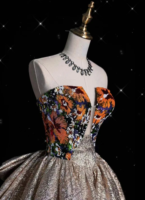 Vintage / Retro Unusual Gold Printing Sequins Prom Dresses 2024 A-Line / Princess Strapless Sleeveless Backless Bow Floor-Length / Long Prom Formal Dresses