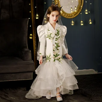 Vintage Retro White Embroidered Wedding Cascading Ruffles Flower Girl Dresses 2024 Ball Gown Covered Button V Neck Long Sleeve Floor Length Long