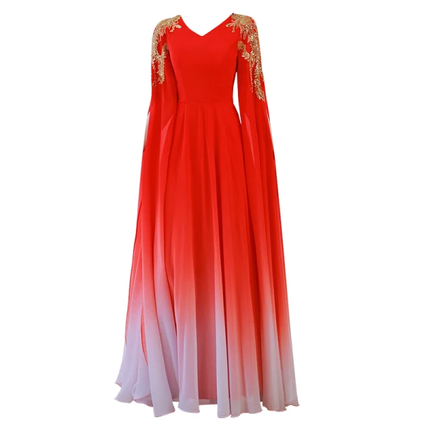 Chic / Belle Rouge Dégradé De Couleur Robe De Bal 2022 Princesse V-Cou Perlage Paillettes Manches Longues Longue Robe De Ceremonie