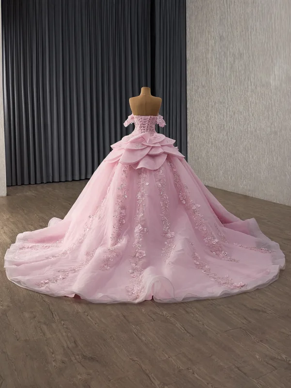 Luxe Rougissant Rose Fait main Perlage Perle Paillettes Appliques Robe De Mariée 2025 Robe Boule De l'épaule Manches Courtes Dos Nu Chapel Train Mariage