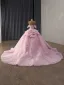 Luxe Rougissant Rose Fait main Perlage Perle Paillettes Appliques Robe De Mariée 2025 Robe Boule De l'épaule Manches Courtes Dos Nu Chapel Train Mariage