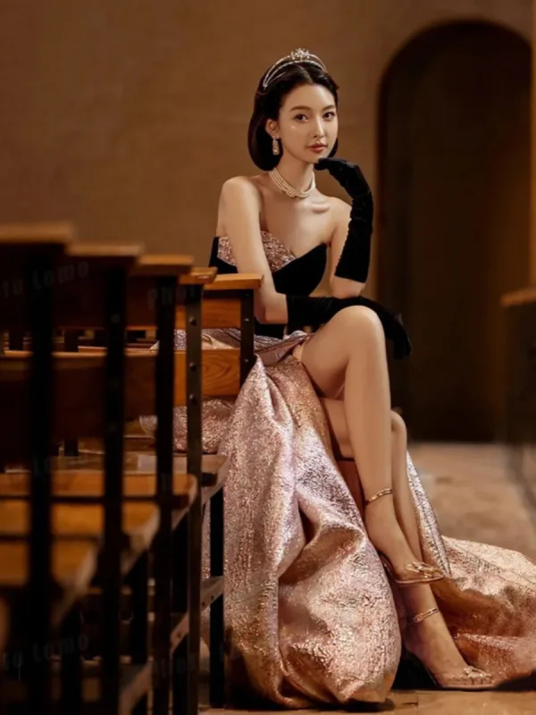 Sexy Noire Paillettes Fendue devant Robe De Soirée 2023 Princesse Bustier Sans Manches Dos Nu Longue Soirée Robe De Ceremonie