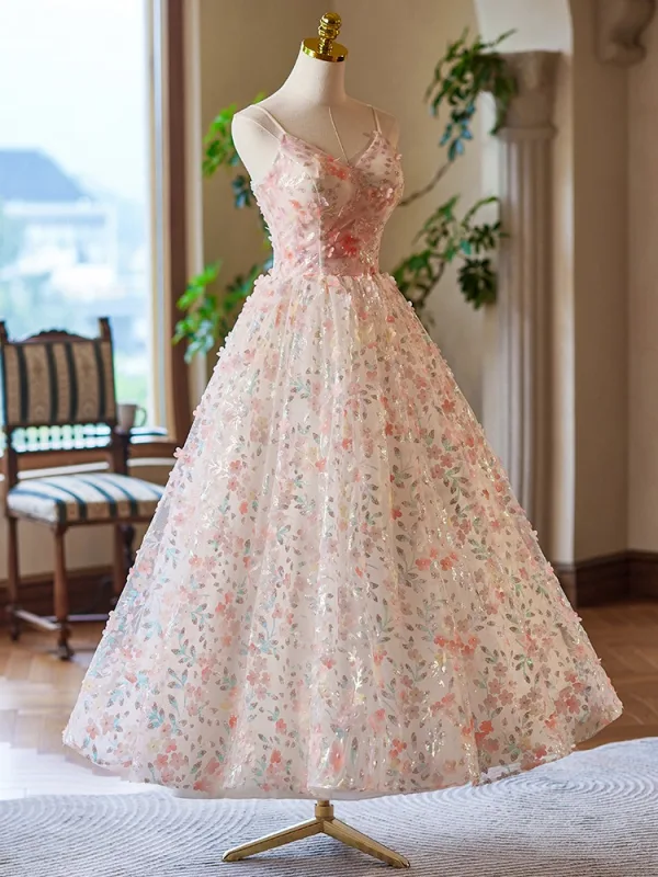 Flower Fairy Blushing Pink Sequins Appliques Prom Dresses 2024 Ball Gown Spaghetti Straps Sleeveless Backless Floor-Length / Long Prom Formal Dresses