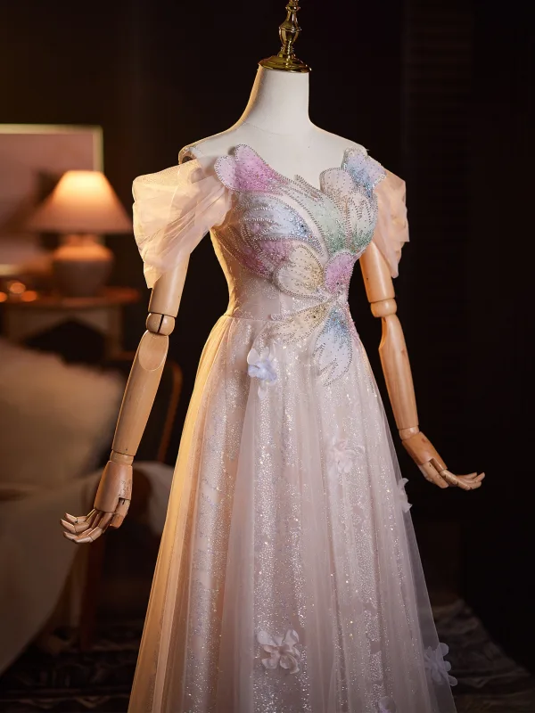 Schöne Rosa Perlenstickerei Applikationen Pailletten Ballkleider 2025 A Linie Off Shoulder Kurze Ärmel Rückenfreies Lange Ball Festliche Kleider