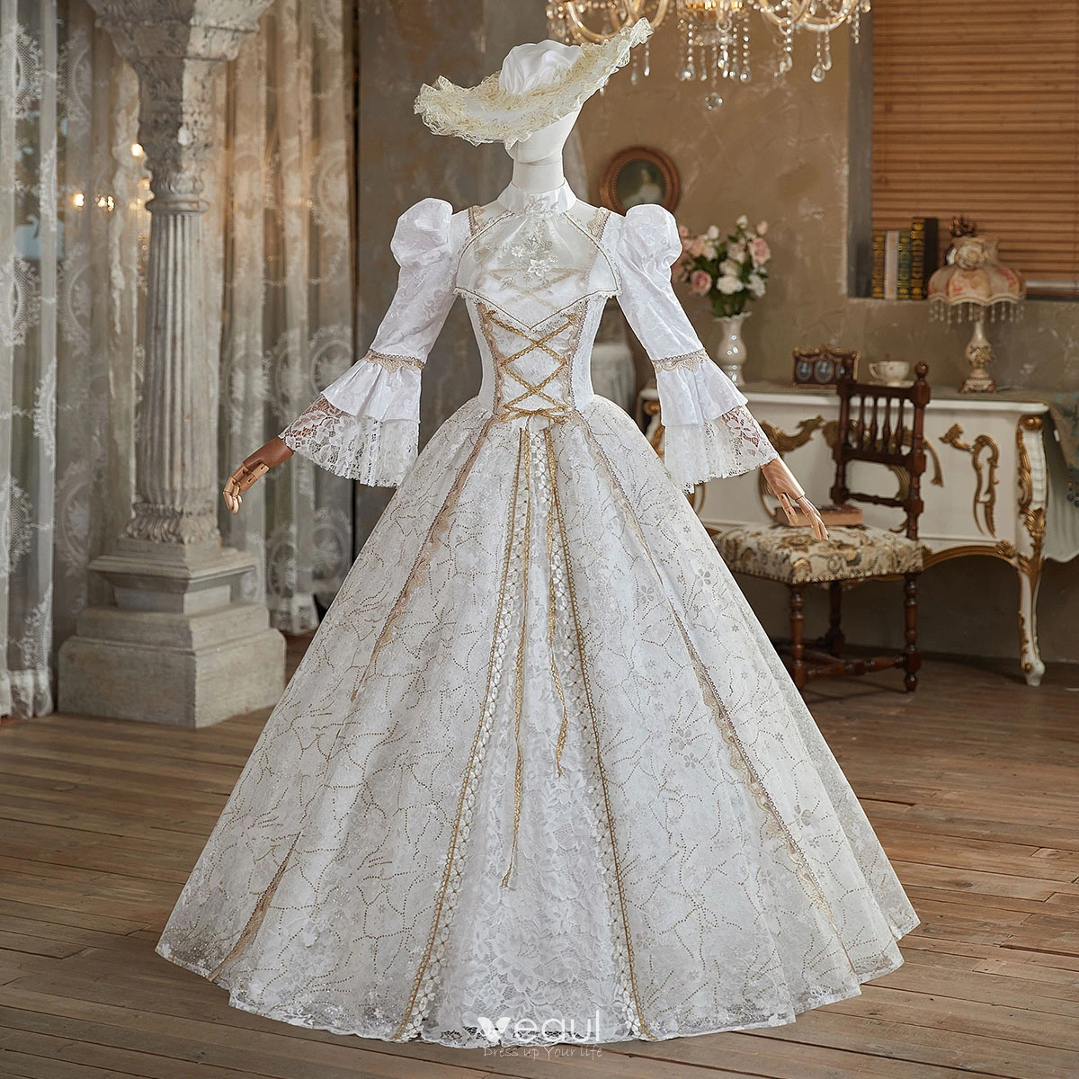 Medieval White Beading Sequins Lace Flower Prom Dresses 2024 Ball Gown High  Neck Bell sleeves Floor-Length / Long Prom Formal Dresses