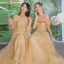Modest / Simple Champagne Lace Flower Bridesmaid Dresses 2023 A-Line / Princess Short Sleeve Backless Floor-Length / Long Bridesmaid Dresses