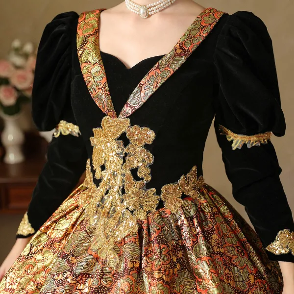 Medieval Gothic Black Gold Lace Flower Sequins Prom Dresses 2024 Ball Gown Square 3/4