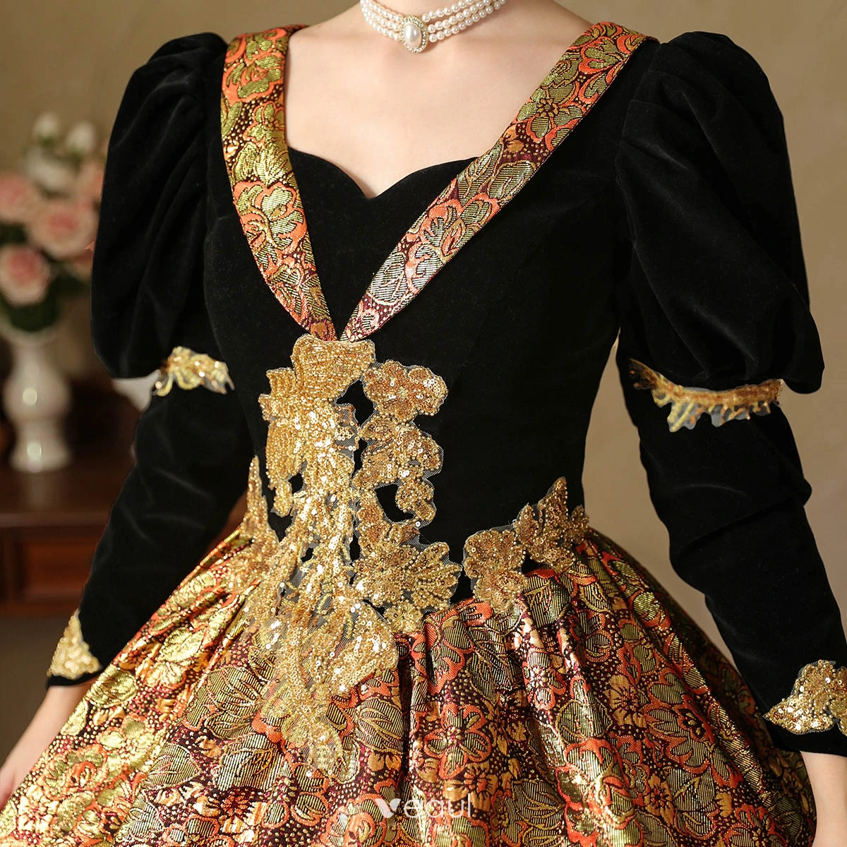 Medieval Gothic Black Gold Lace Flower Sequins Prom Dresses 2024 Ball Gown Square 3/4