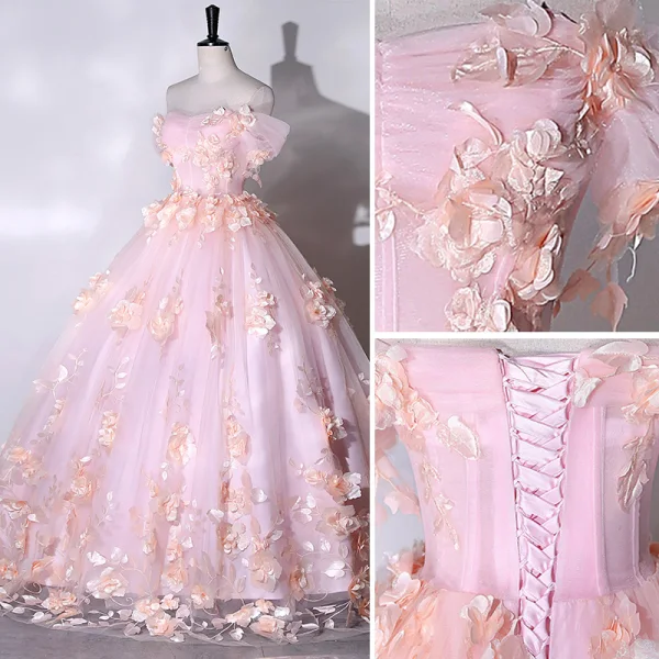 Flower Fairy Blushing Pink Appliques Prom Dresses 2023 Ball Gown Off-The-Shoulder Outdoor / Garden Short Sleeve Backless Floor-Length / Long Prom Formal Dresses