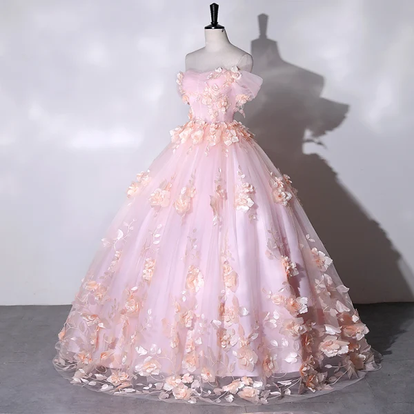 Flower Fairy Blushing Pink Appliques Prom Dresses 2023 Ball Gown Off-The-Shoulder Outdoor / Garden Short Sleeve Backless Floor-Length / Long Prom Formal Dresses