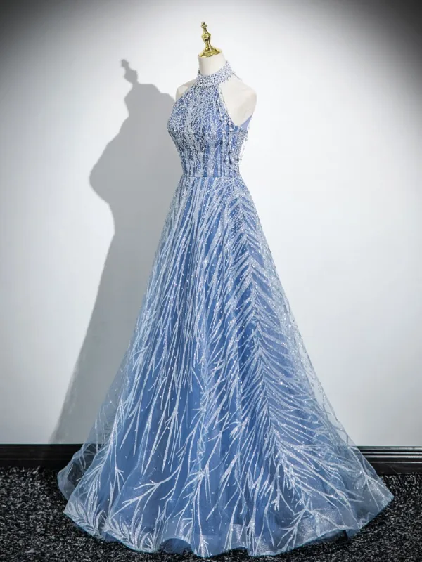 Sparkly Sky Blue Beading Pearl Sequins Prom Dresses 2024 A-Line / Princess High Neck Sleeveless Backless Floor-Length / Long Prom Formal Dresses