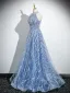 Sparkly Sky Blue Beading Pearl Sequins Prom Dresses 2024 A-Line / Princess High Neck Sleeveless Backless Floor-Length / Long Prom Formal Dresses