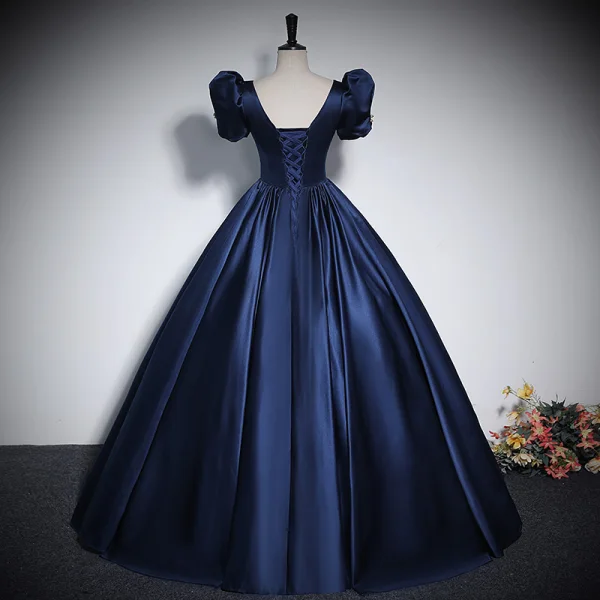 Vintage / Retro Navy Blue Satin Prom Dresses 2023 Ball Gown Square Neckline Short Sleeve Backless Bow Floor-Length / Long Prom Formal Dresses