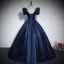 Vintage / Retro Navy Blue Satin Prom Dresses 2023 Ball Gown Square Neckline Short Sleeve Backless Bow Floor-Length / Long Prom Formal Dresses