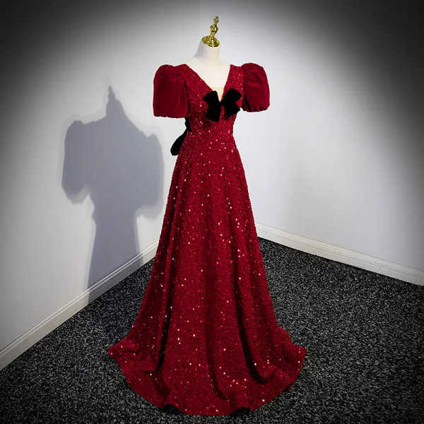 Bling Bling Burgundy Sequins Evening Dresses 2023 A-Line / Princess V-Neck Bow Short Sleeve Backless Floor-Length / Long Evening Party Formal Dresses