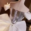 Charming Silver Sequins Prom Dresses 2024 A-Line / Princess Off-The-Shoulder Short Sleeve Backless Bow Floor-Length / Long Prom Formal Dresses