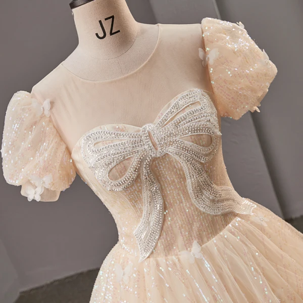 Charming Bling Bling Champagne Prom Dresses 2023 Ball Gown Scoop Neck Beading Bow Sequins Short Sleeve Backless Floor-Length / Long Prom Formal Dresses