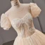 Charming Bling Bling Champagne Prom Dresses 2023 Ball Gown Scoop Neck Beading Bow Sequins Short Sleeve Backless Floor-Length / Long Prom Formal Dresses