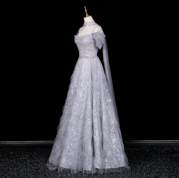 Bling Bling Grau Perlenstickerei Strass Pailletten Ballkleider 2026 A Linie Spaghettiträger Kurze Ärmel Rückenfreies Lange Festliche Kleider
