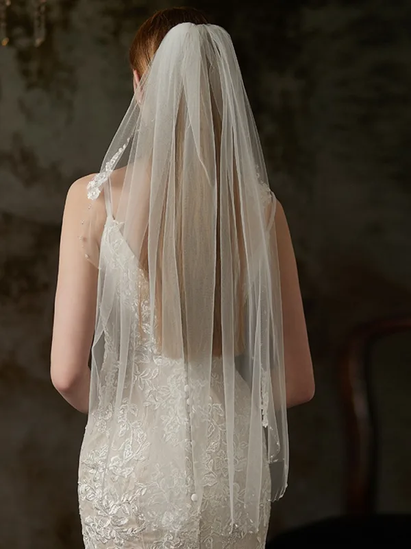 Élégant Blanche Fait main Perle En Dentelle Fleur La Mariée Voile De Mariée 2025 Tulle