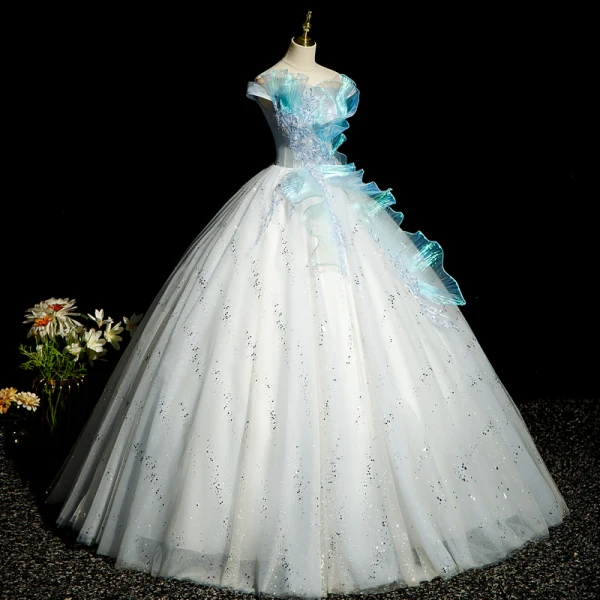 Fashion Sky Blue Beading Sequins Prom Dresses 2022 Ball Gown Ruffle Off-The-Shoulder Sleeveless Backless Floor-Length / Long Prom Formal Dresses