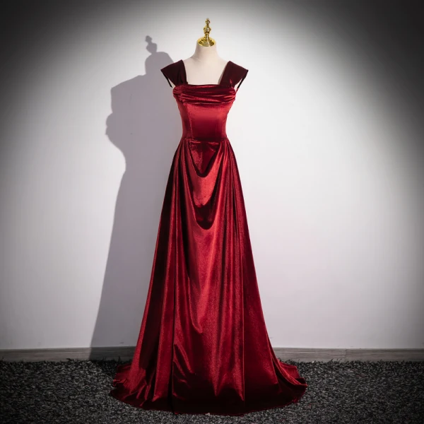 Modest Simple Burgundy Velvet Prom Dresses 2024 A-Line Princess Square Neckline Backless Modest Simple Burgundy Velvet Prom Dresses 2024 A-Line Princess Square Neckline Backless