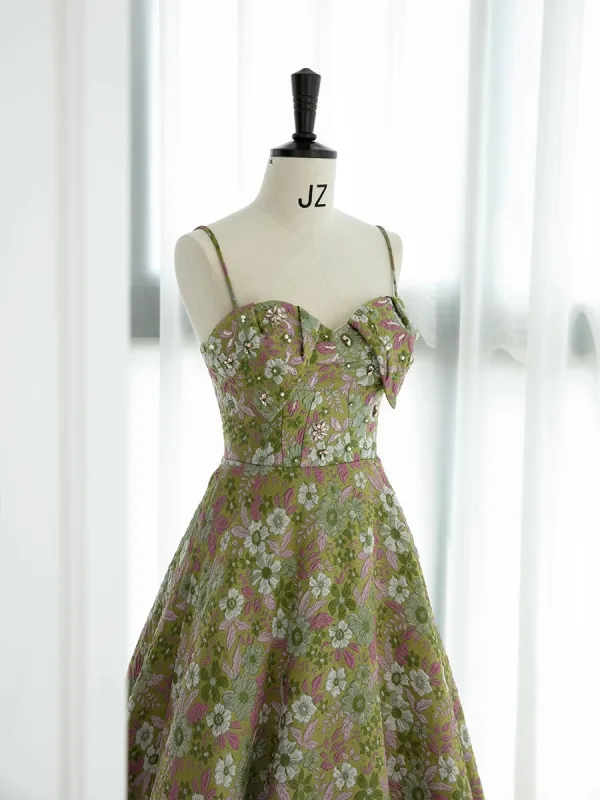 Elegant Sage Green Pearl Printing Satin Prom Dresses 2023 A-Line / Princess Spaghetti Straps Sleeveless Backless Floor-Length / Long Prom Formal Dresses