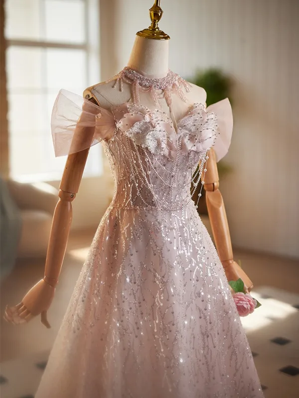 Charming Blushing Pink Beading Pearl Sequins Prom Dresses 2025 A-Line / Princess High Neck Short Sleeve Backless Floor-Length / Long Tulle Prom Formal Dresses