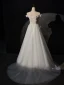 Chic / Beautiful White Pearl Rhinestone Lace Flower Wedding Dresses 2024 A-Line / Princess Off-The-Shoulder Short Sleeve Backless Sweep Train Wedding