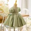 Elegant Sage Green Short Prom Flower Girl Dresses 2022 Ball Gown Scoop Neck Pearl Rhinestone Puffy Short Sleeve Bow Flower Girl Dresses