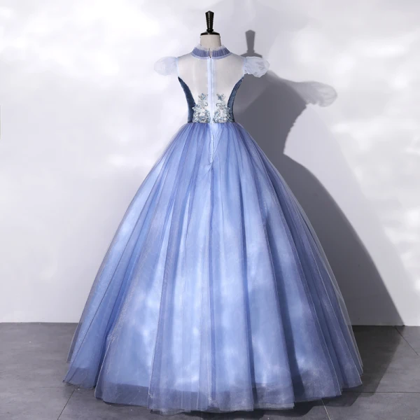 Elegant Pool Blue Beading Sequins Lace Flower Prom Dresses 2022 Ball Gown High Neck Puffy Short Sleeve Floor-Length / Long Formal Dresses