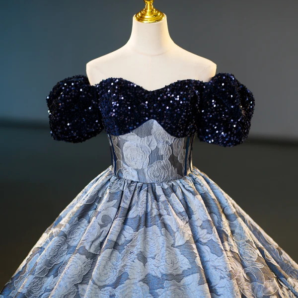 Vintage / Retro Navy Blue Sequins Printing Prom Dresses 2023 Ball Gown Off-The-Shoulder Short Sleeve Backless Floor-Length / Long Prom Formal Dresses