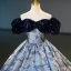 Vintage / Retro Navy Blue Sequins Printing Prom Dresses 2023 Ball Gown Off-The-Shoulder Short Sleeve Backless Floor-Length / Long Prom Formal Dresses