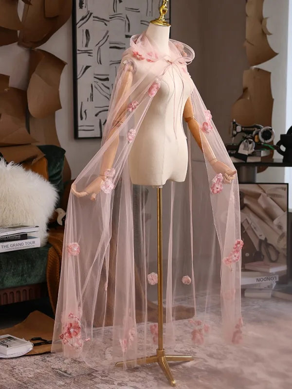 Lovely Blushing Pink Handmade  Appliques Prom shawl cloak 2025 Tulle