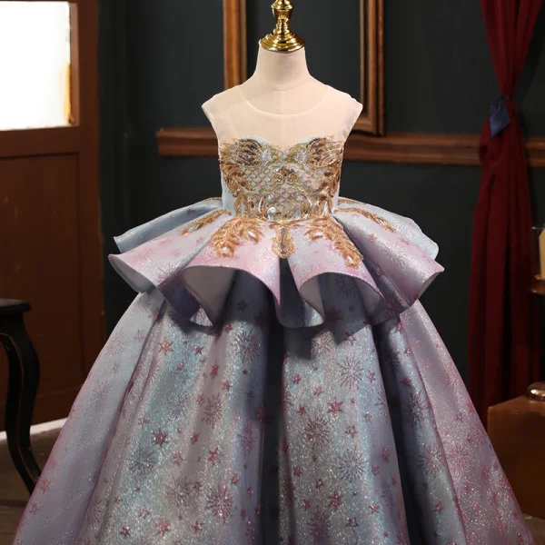 Elegant Purple Pearl Sequins Birthday Flower Girl Dresses 2022 Ball Gown Scoop Neck Cascading Ruffles Short Sleeve Floor-Length / Long Flower Girl Dresses