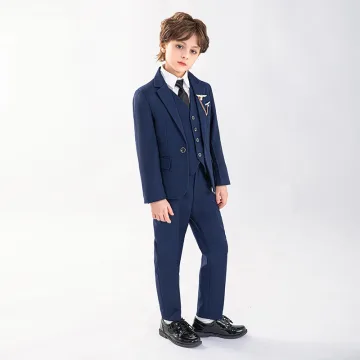 Marineblau Lange Ärmel 6 Stück Hochzeit Anzüge Jungs 2025 Schulterschmuck Mantel Hose Hemd Krawatte Weste