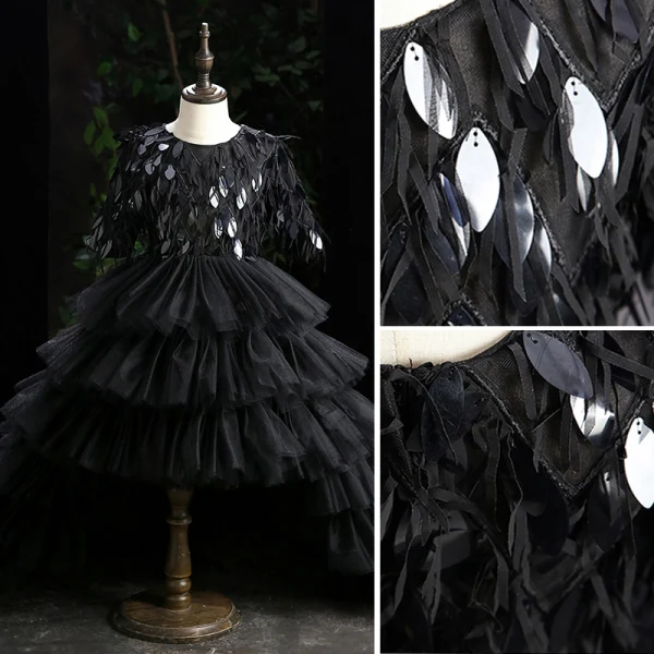 High Low Black Cascading Ruffles Prom Flower Girl Dresses 2022 Ball Gown Scoop Neck Sequins Short Sleeve Court Train Flower Girl Dresses