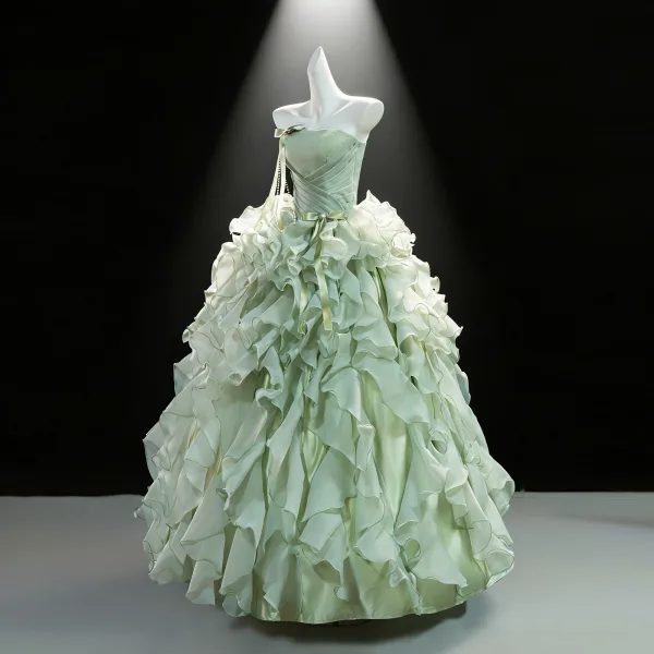 Prom Dresses Formal Dresses Prom Dresses Sage Green Crossed Straps Backless Bow Cascading Ruffles Floor-Length / Long Polyester Strapless Prom Fall Spring Summer Sleeveless Ethereal