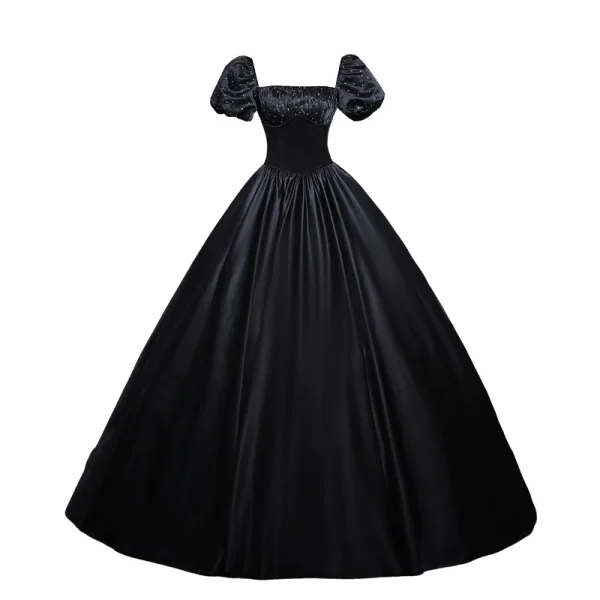 Vintage / Retro Black Satin Prom Dresses 2024 Ball Gown Square Neckline Puffy Short Sleeve Backless Floor-Length / Long Prom Formal Dresses