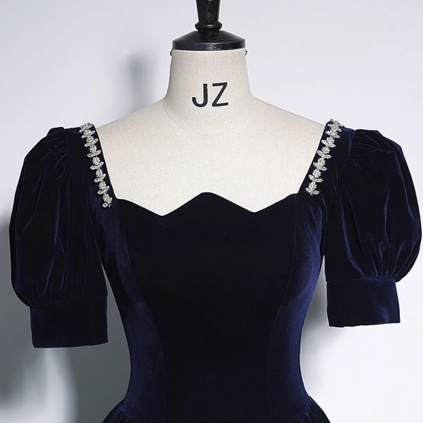 Vintage / Retro Navy Blue Rhinestone Velvet Prom Dresses 2023 A-Line / Princess Square Neckline Short Sleeve Backless Floor-Length / Long Prom Formal Dresses