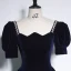Vintage / Retro Navy Blue Rhinestone Velvet Prom Dresses 2023 A-Line / Princess Square Neckline Short Sleeve Backless Floor-Length / Long Prom Formal Dresses