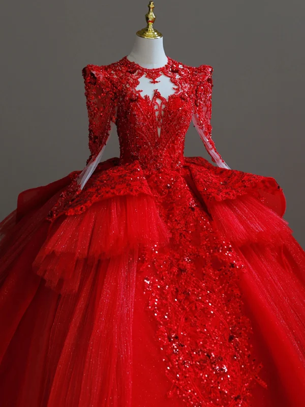 Chinese style Red Beading Sequins Lace Flower Wedding Dresses 2024 Ball Gown Scoop Neck Long Sleeve Chapel Train Wedding