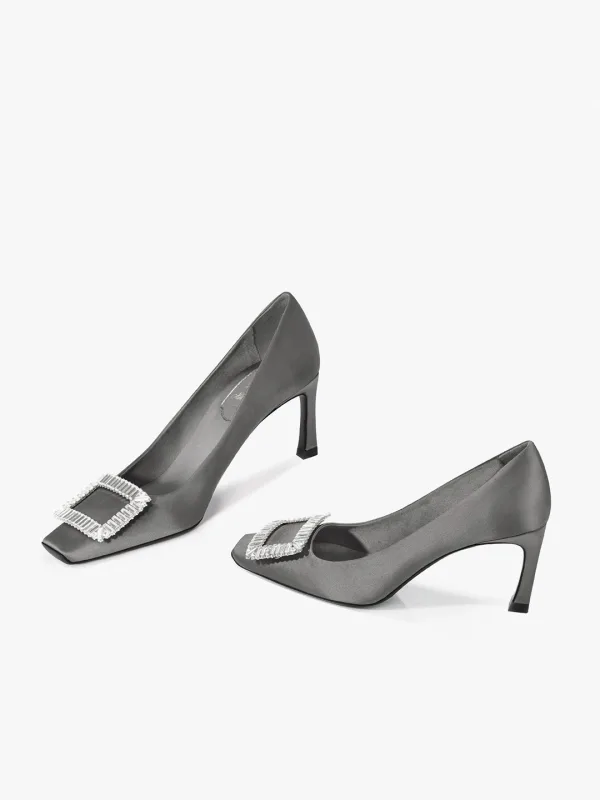 Elegante Grau Ball Strass Satin Pumps 2025 7 cm Stilettos Quadratische Zehe Pumps Hochhackige