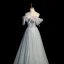 Charming Sage Green Beading Prom Dresses 2023 A-Line / Princess Off-The-Shoulder Bow Short Sleeve Backless Floor-Length / Long Formal Dresses