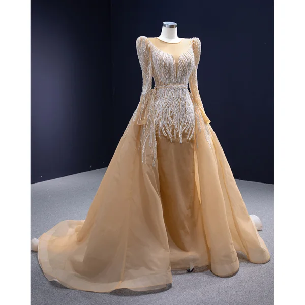High-end Gold Handmade Beading Pearl Rhinestone Sequins Wedding Dresses 2023 Trumpet / Mermaid Scoop Neck Long Sleeve Court Train Wedding