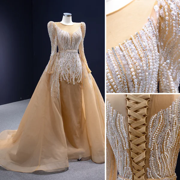 High-end Gold Handmade Beading Pearl Rhinestone Sequins Wedding Dresses 2023 Trumpet / Mermaid Scoop Neck Long Sleeve Court Train Wedding