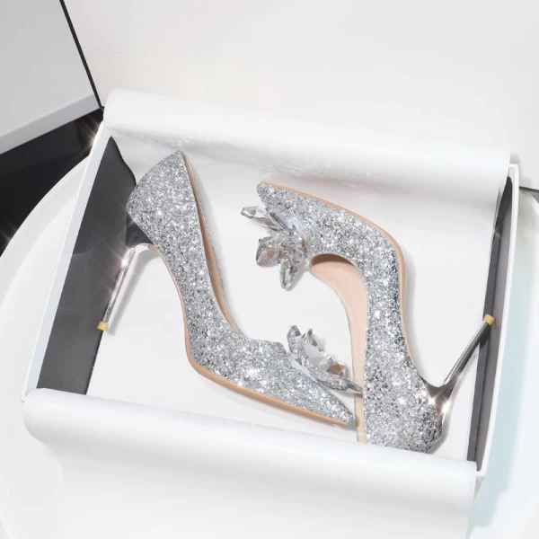 Glitzernden Sexy Silber Kristall Pailletten Brautschuhe 2024 9 cm Stilettos Spitzschuh Hochzeit Pumps Hochhackige