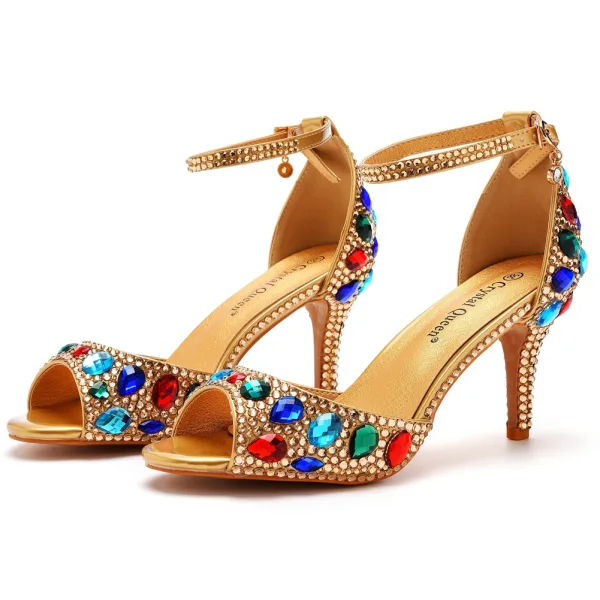 Chic / Beautiful Gold Evening Party Multi-Colors Rhinestone Womens Sandals 2023 Ankle Strap 7 cm Stiletto Heels Open / Peep Toe Sandals High Heels