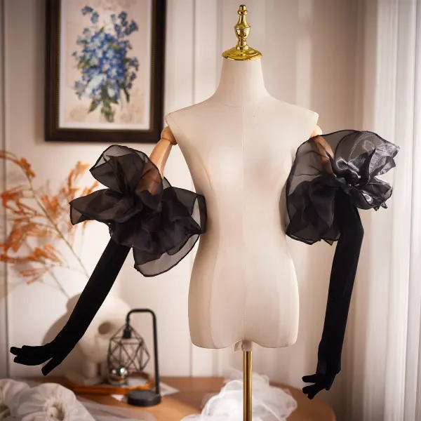 Styl Audrey Hepburn Vintage Czarne Bufiasta Ślub Rękawiczki Ślubne 2026 Tiulowe